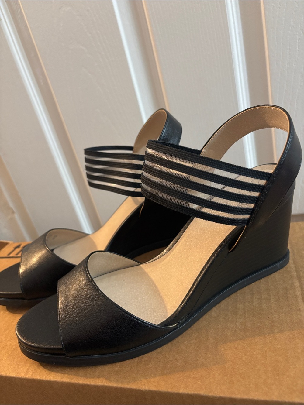 Life stride stem Black Wedge Sandals with Striped Elastic Ankle Band